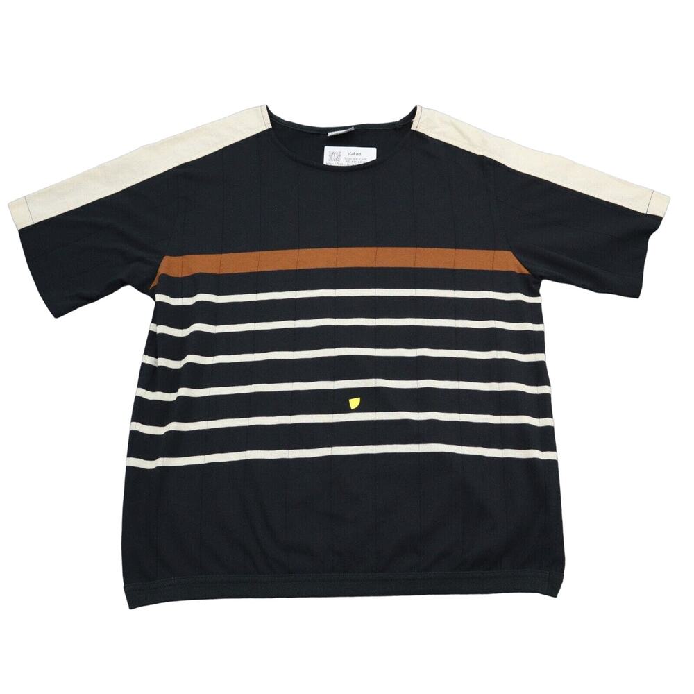 Bay Club Shirt Womens L Black Pinstriped Short Sleeve Round Neck Top